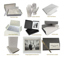 Collection of archiving and preservation items including a garment box, cotton gloves, acid-free tissue, four-flap folders, a presentation box, an archive box, museum backing cards, polypropylene enclosures, and an archival pen & labels on a white background.